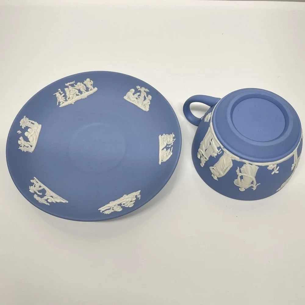 Vintage 1957 Wedgewood Jasperware Pale Blue Demitasse Tea Cup & Saucer England